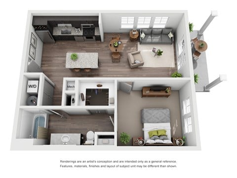 Floor plan for 1 bed, 1 bath, 659 sqft